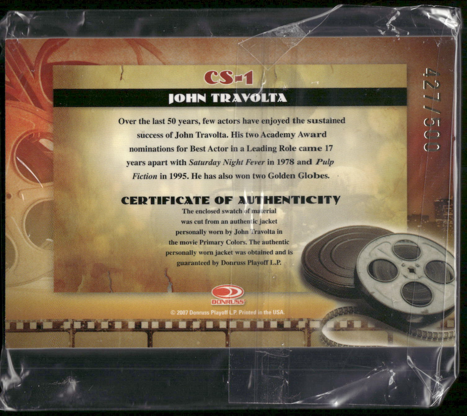 2007 Donruss Americana #CS-1 John Travolta Cinema Stars Material