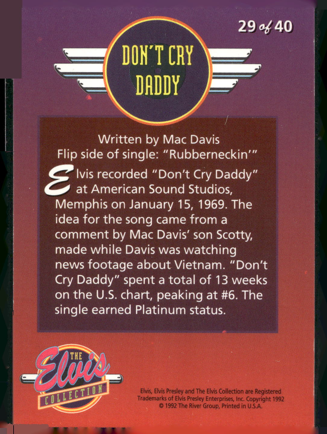 1992 The River Group The Elvis Collection #29 Don't Cry Daddy Top Ten Hits
