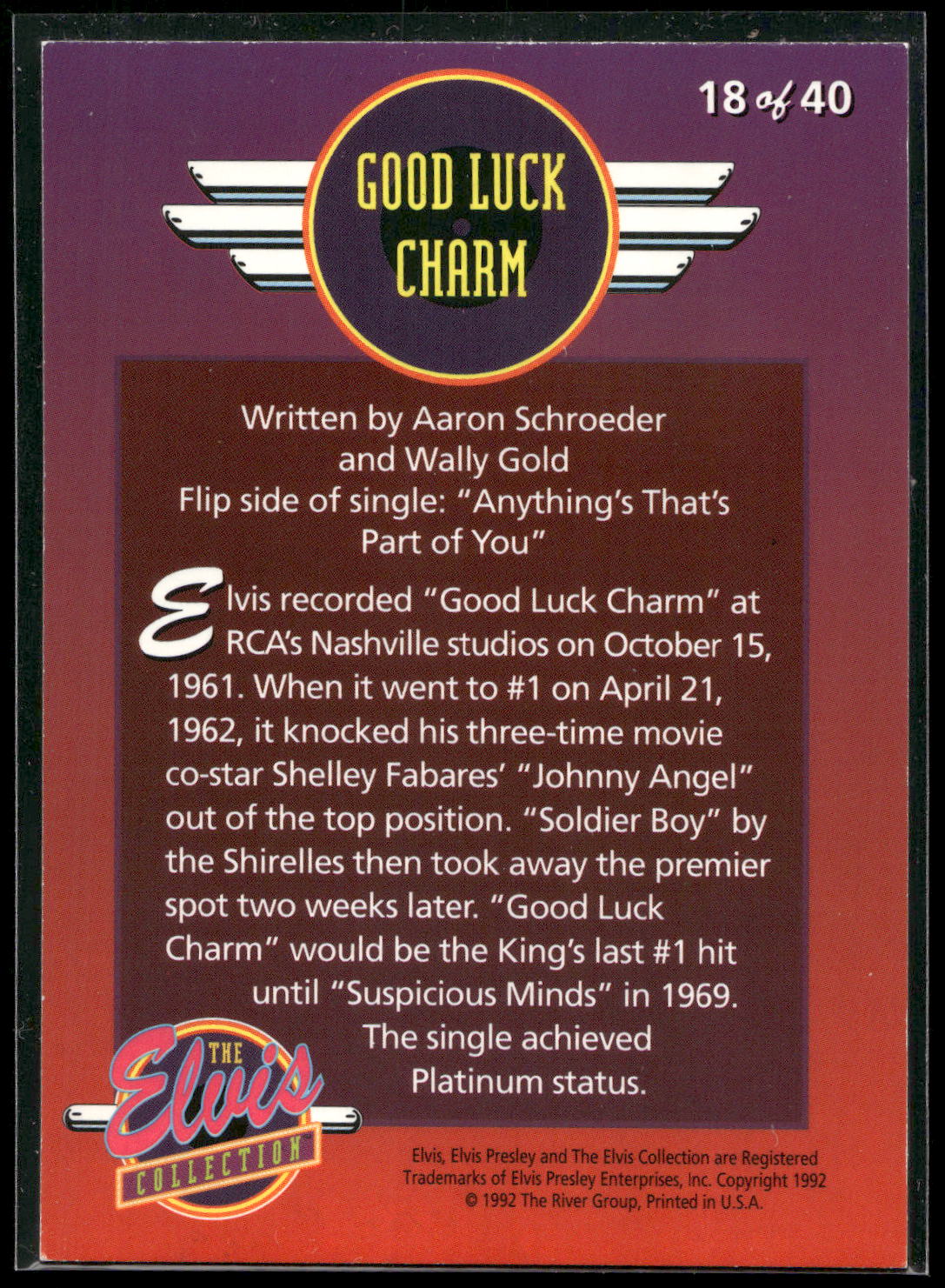 1992 The River Group The Elvis Collection #18 Good Luck Charm Top Ten Hits