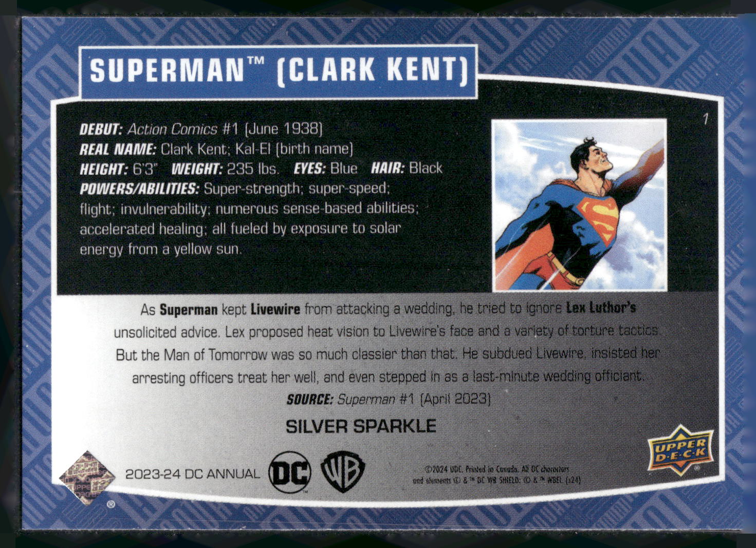 2023-24 Upper Deck DC Annual #1 Superman (Clark Kent) Silver Sparkle