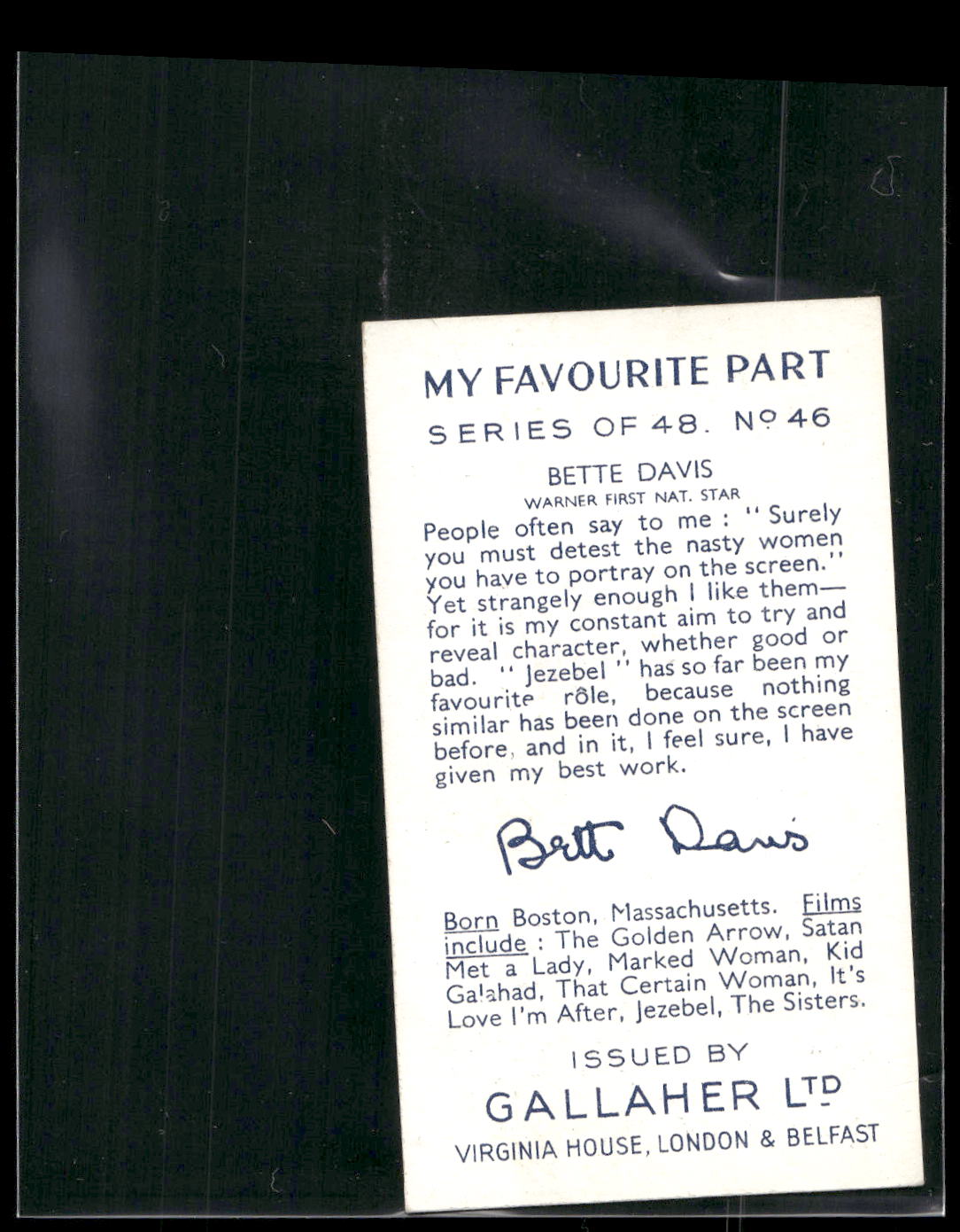 1939 Gallaher My Favourite Part #46 Bette Davis