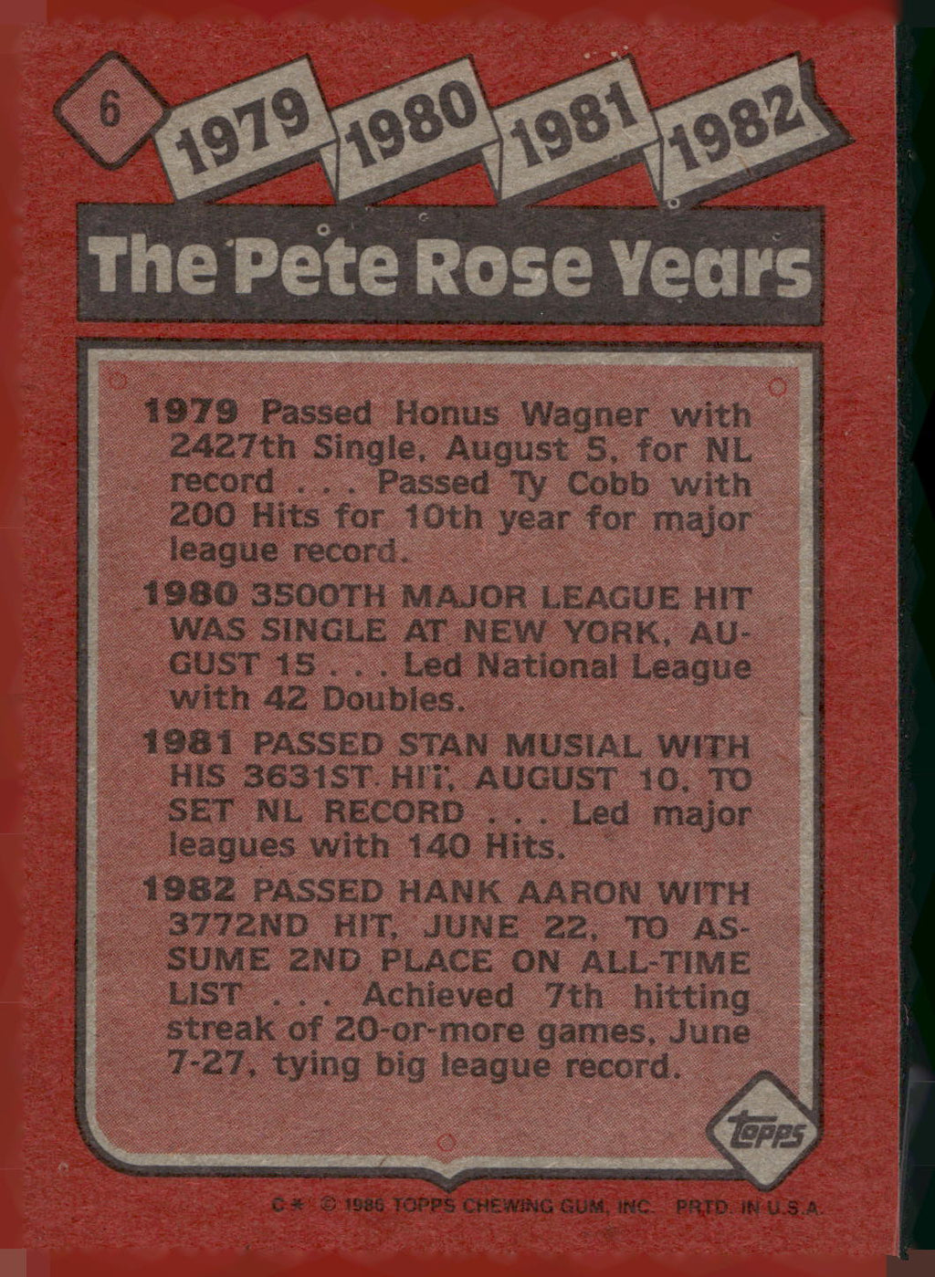 1986 Topps #6 The Pete Rose Years: 1979-1982 TPRY