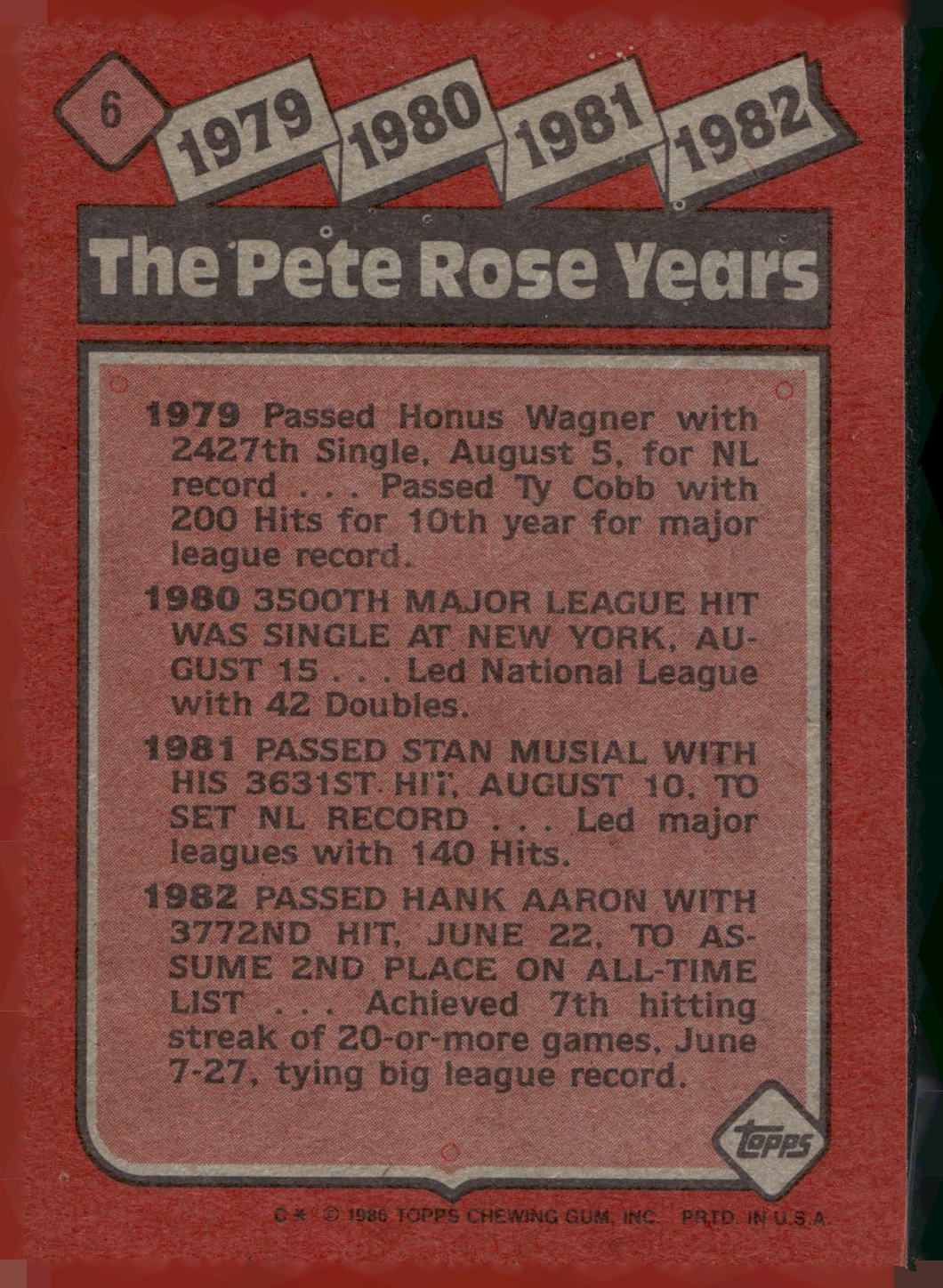 1986 Topps #6 The Pete Rose Years: 1979-1982 TPRY