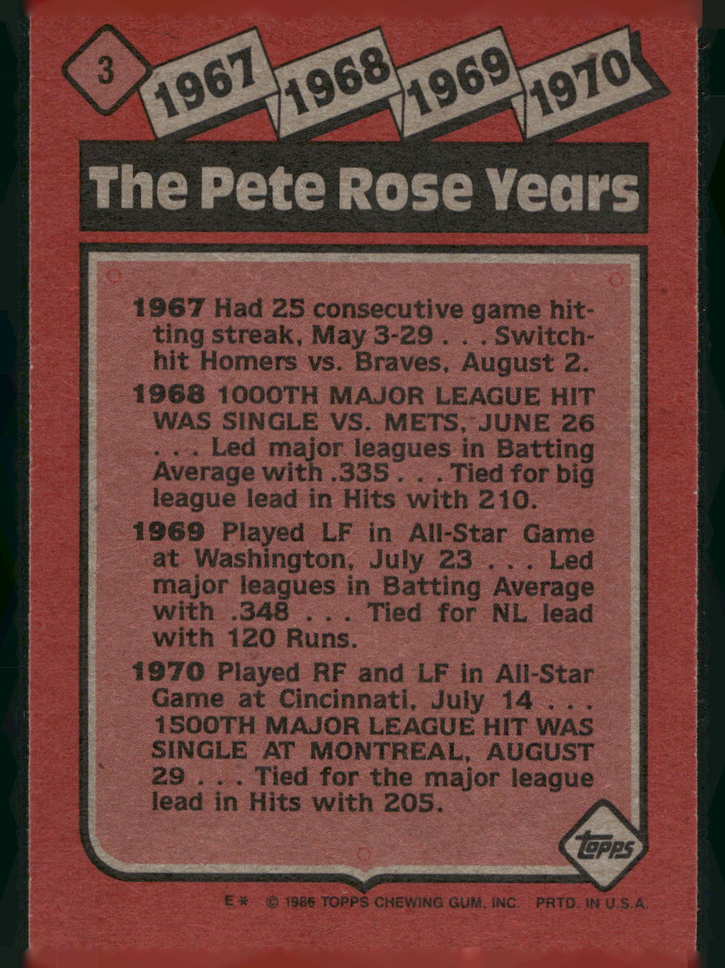 1986 Topps #3 The Pete Rose Years: 1967-1970 TPRY