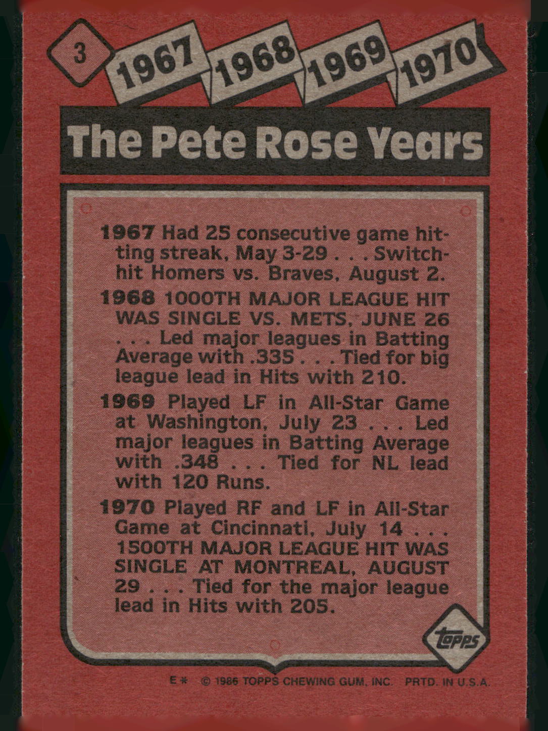 1986 Topps #3 The Pete Rose Years: 1967-1970 TPRY