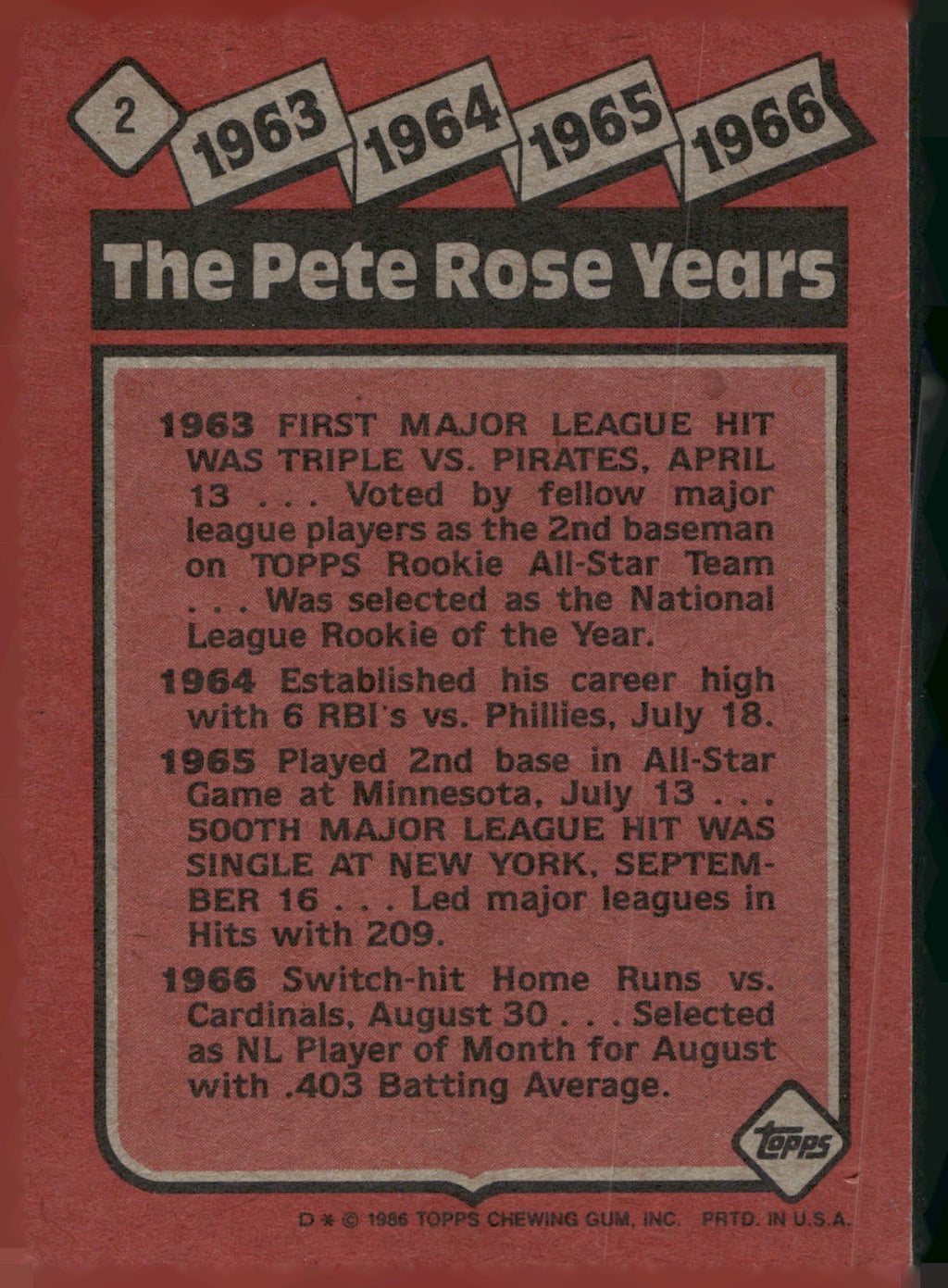 1986 Topps #2 The Pete Rose Years: 1963-1966 TPRY