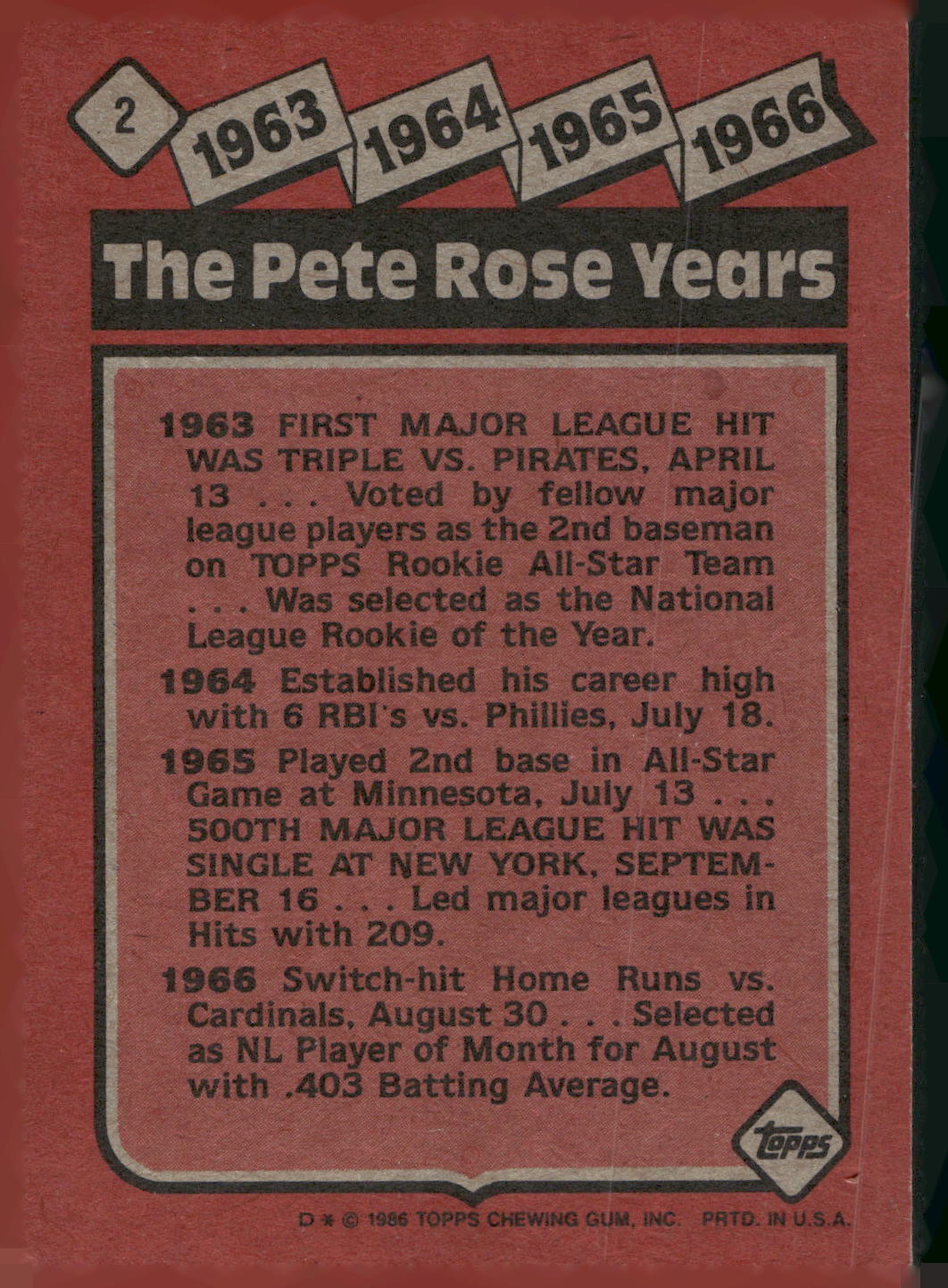 1986 Topps #2 The Pete Rose Years: 1963-1966 TPRY