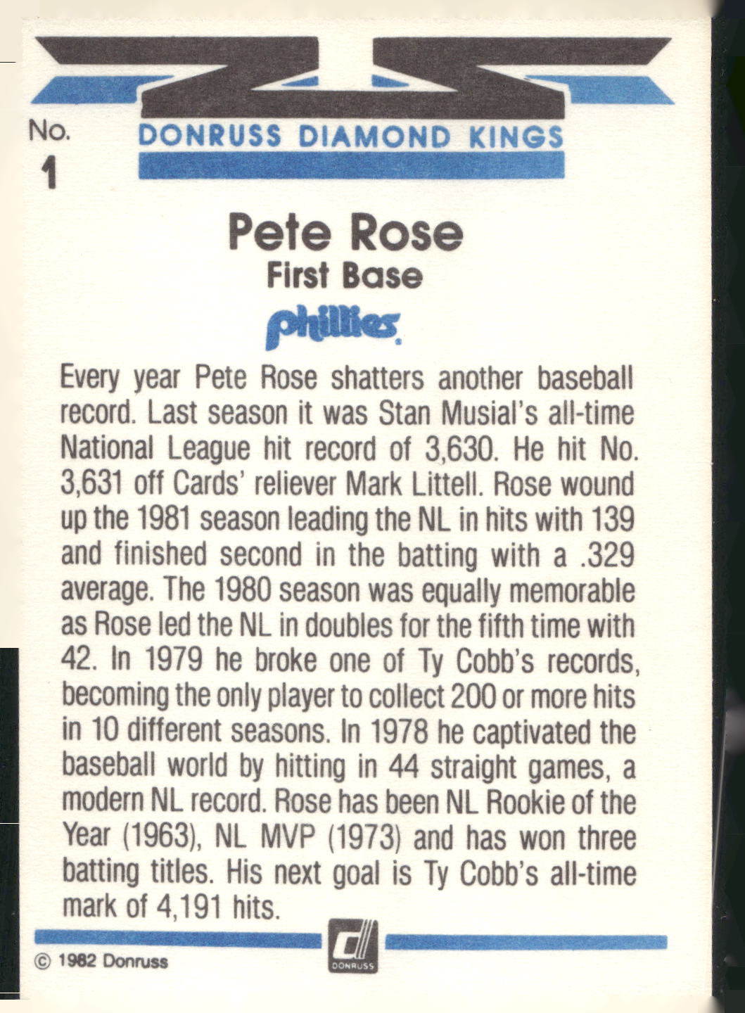 1982 Donruss #1 Pete Rose