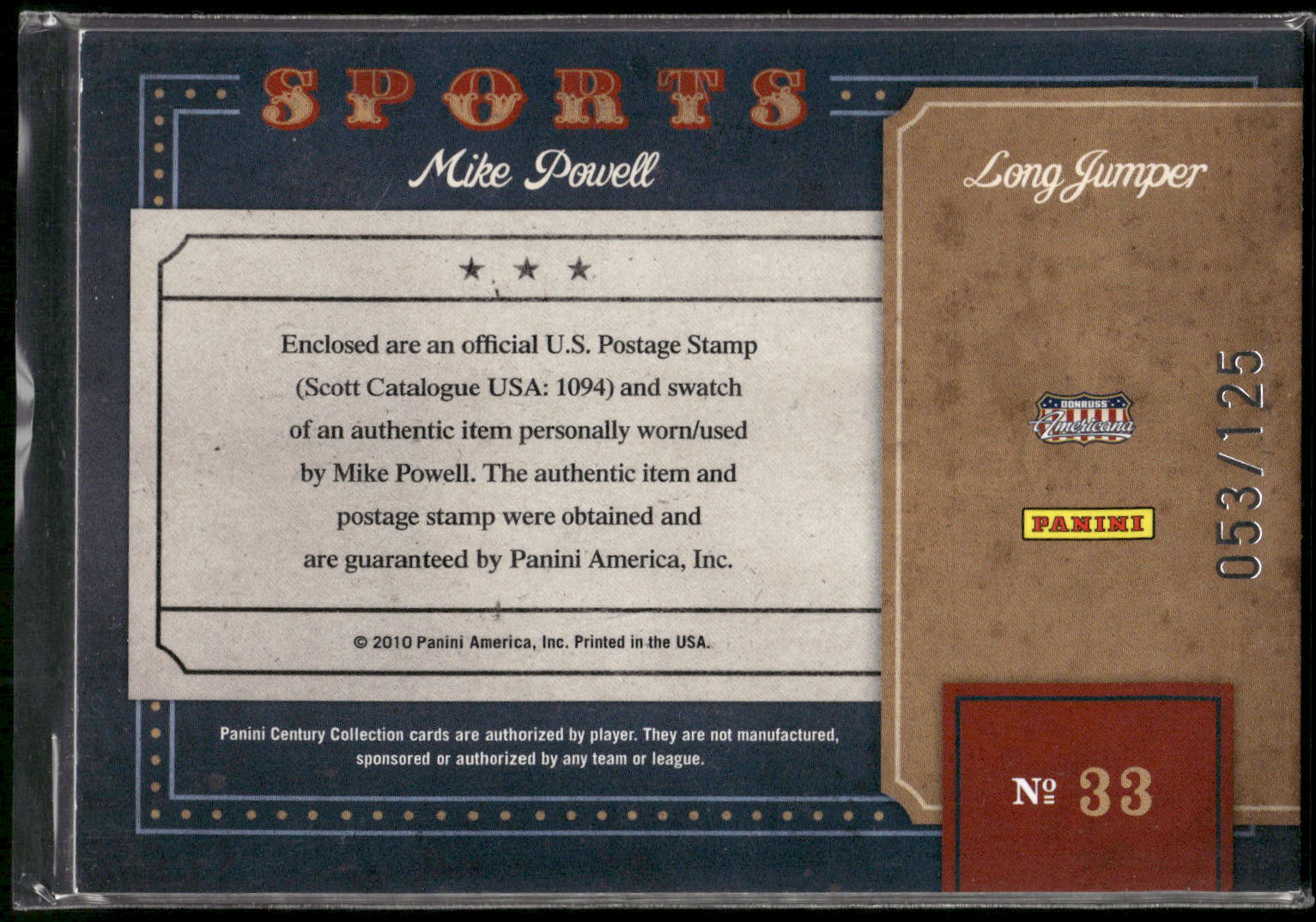 2010 Panini Americana Century Collection #33 Mike Powell Sports Stamps Materials