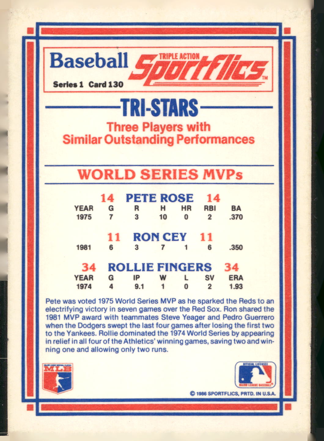 1986 Sportflics #130 World Series MVPs (Pete Rose / Ron Cey / Rollie Fingers)