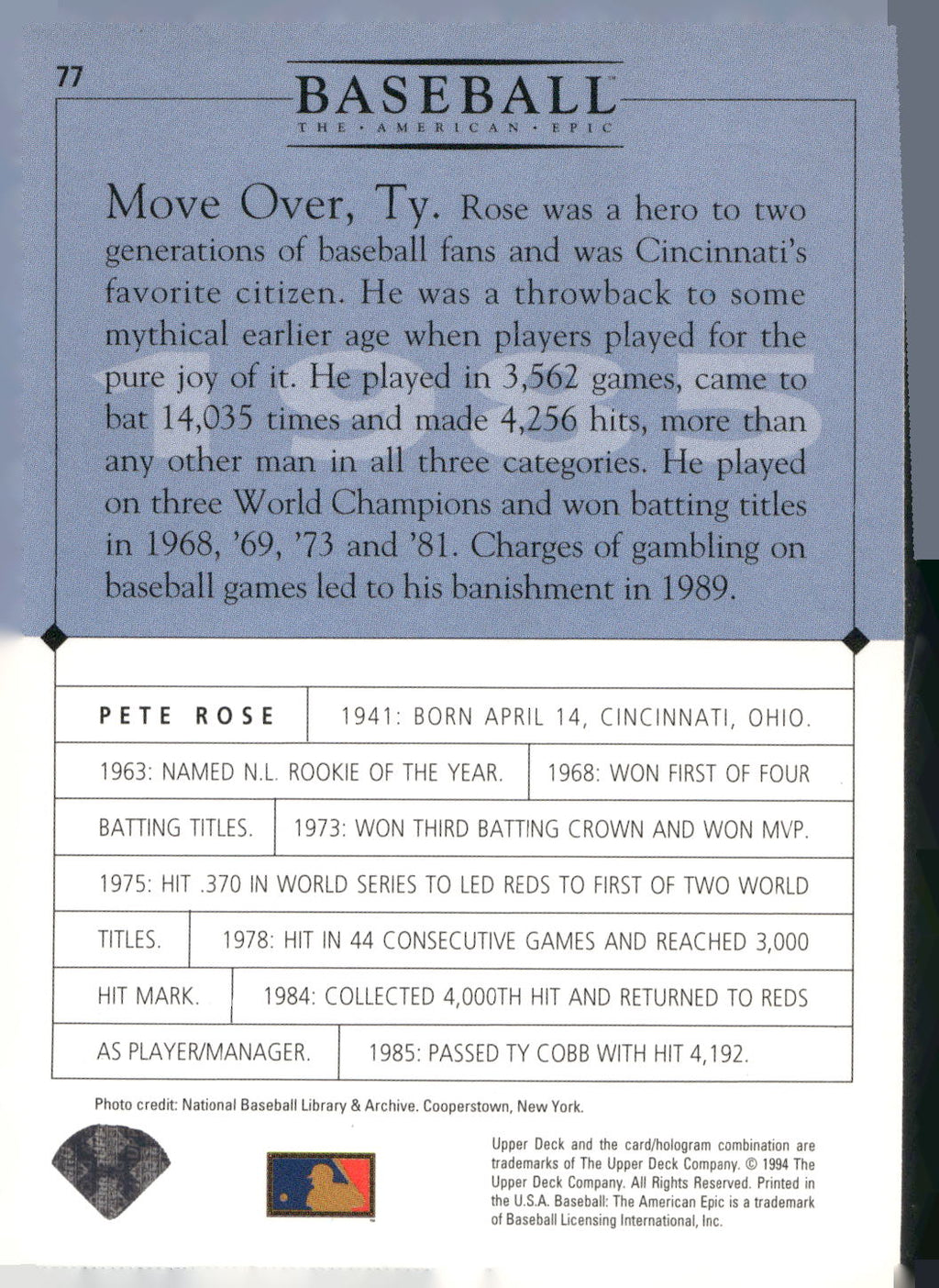 1994 Upper Deck Baseball: The American Epic #77 Pete Rose