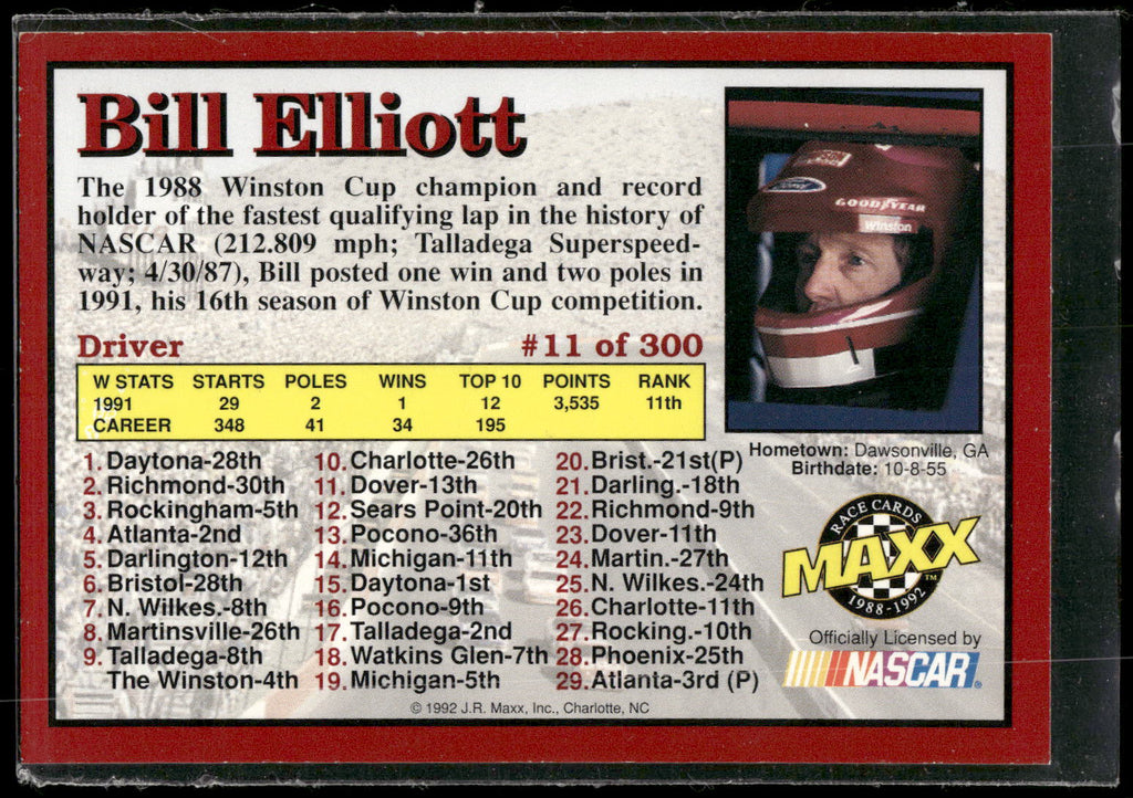 1992 Maxx (Red) #11 Bill Elliott - Autograph