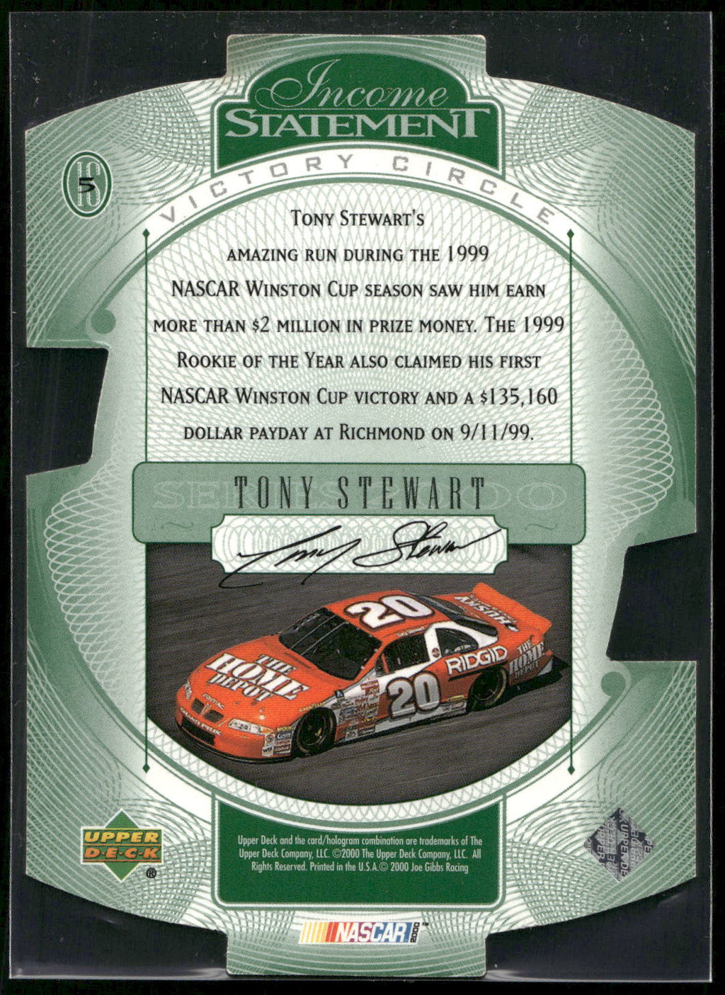 2000 Upper Deck Victory Circle #IS5 Tony Stewart Income Statement LTD