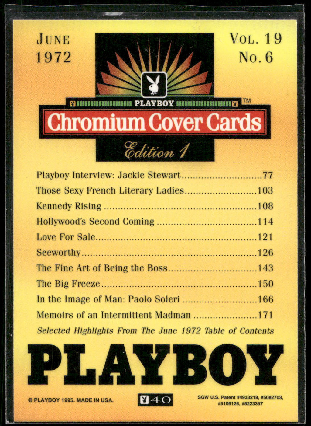 1995 Playboy Chromium Cover Cards #40 June 1972 - Vol. 19 No.