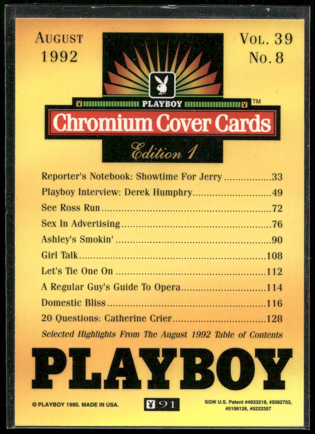 1995 Playboy Chromium Cover Cards #91 August 1992 - Vol. 39 No.