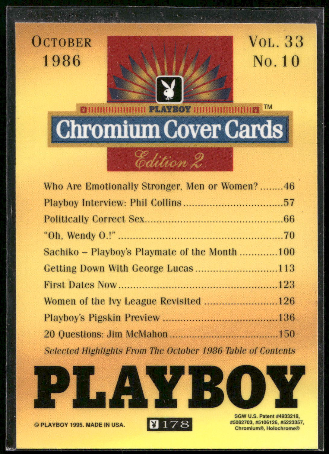 1995 Playboy Chromium Cover Cards #178 October 1986 - Vol 33 No