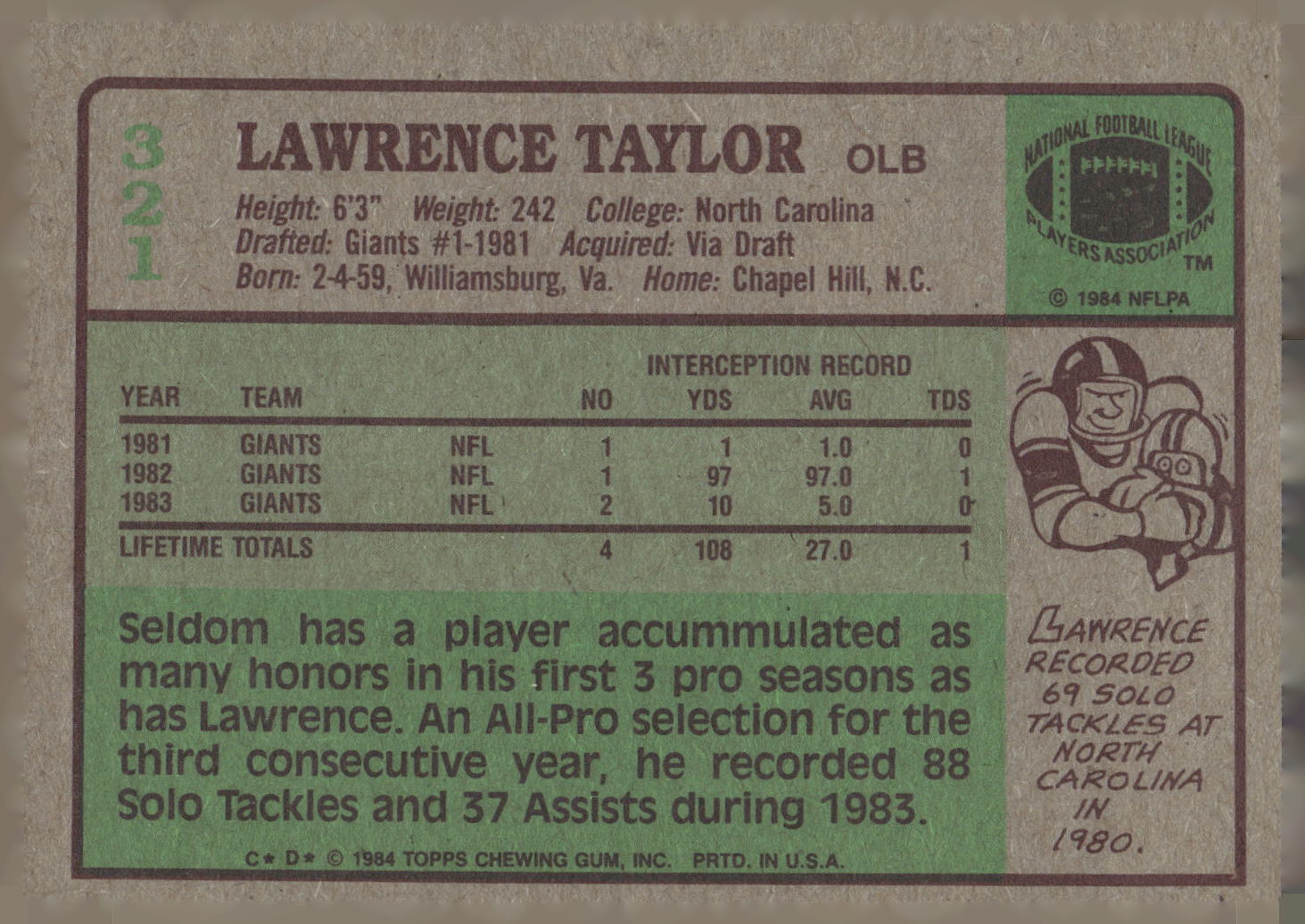 1984 Topps #321 Lawrence Taylor