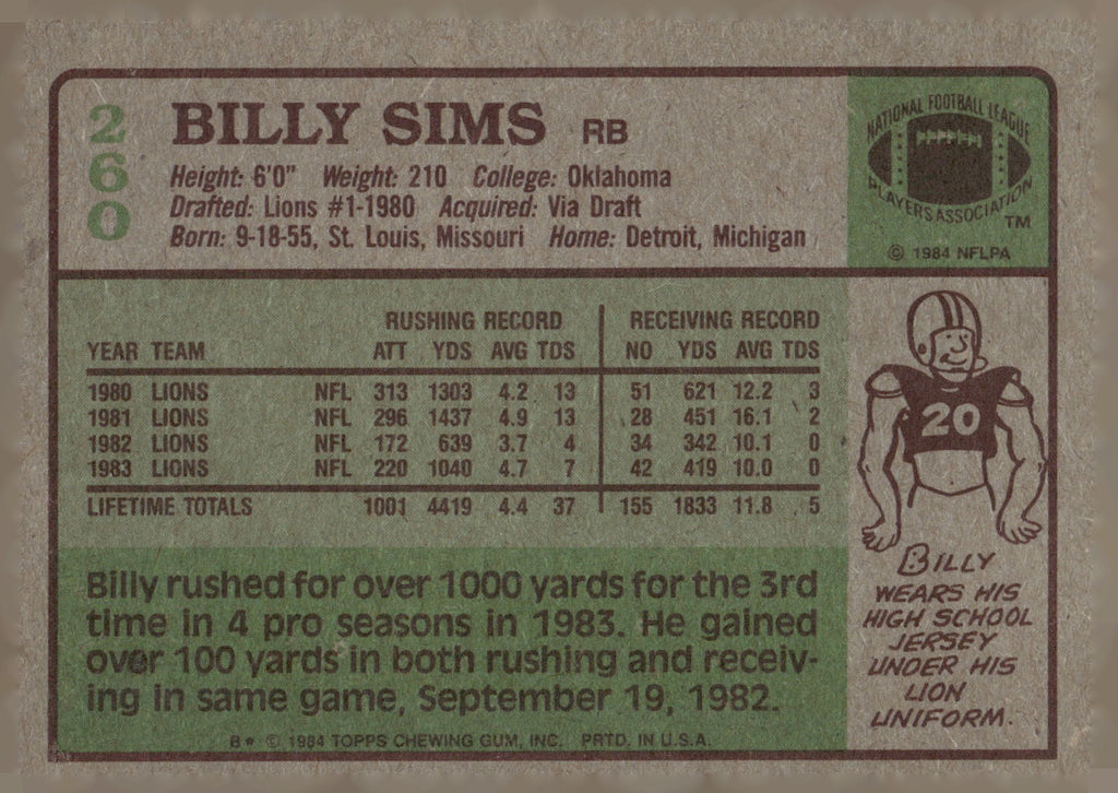 1984 Topps #260 Billy Sims