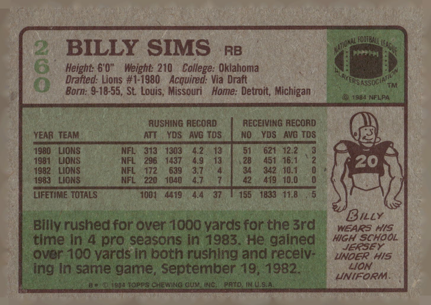 1984 Topps #260 Billy Sims