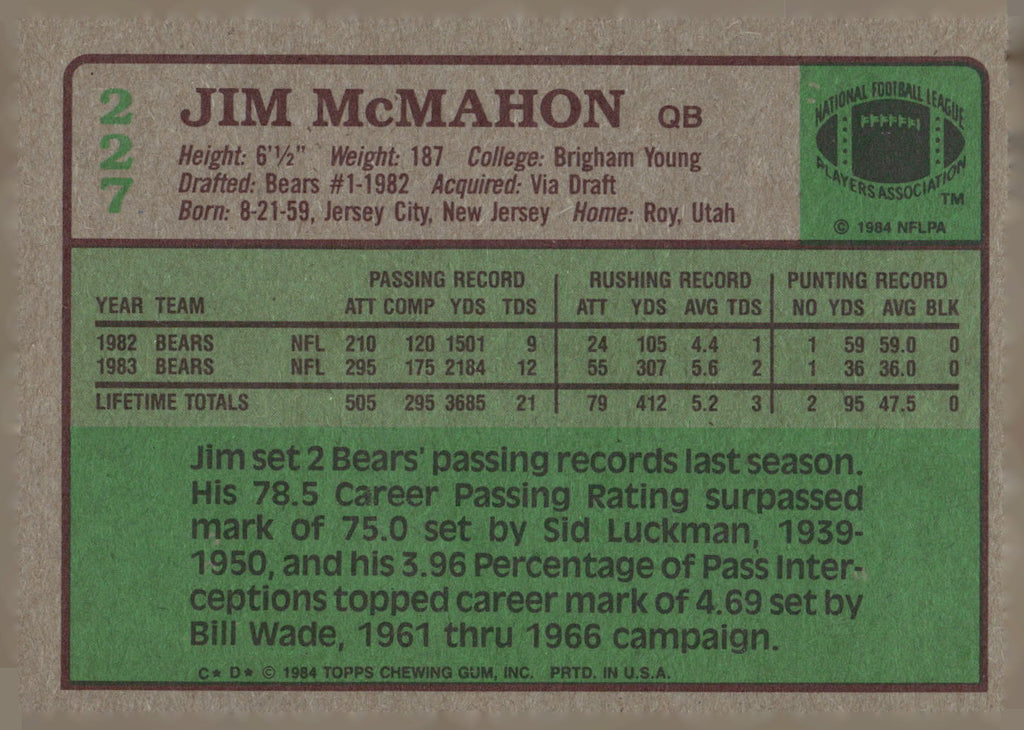 1984 Topps #227 Jim McMahon