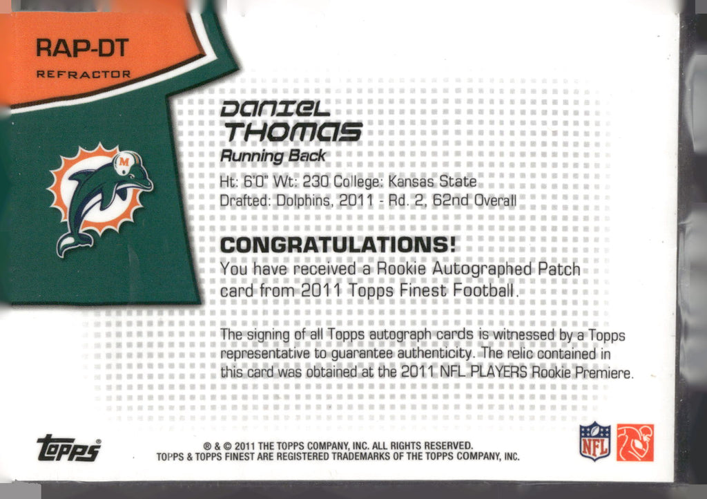 2011 Finest #RAP-DT Daniel Thomas Rookie Patch Autographs Refractors #/99