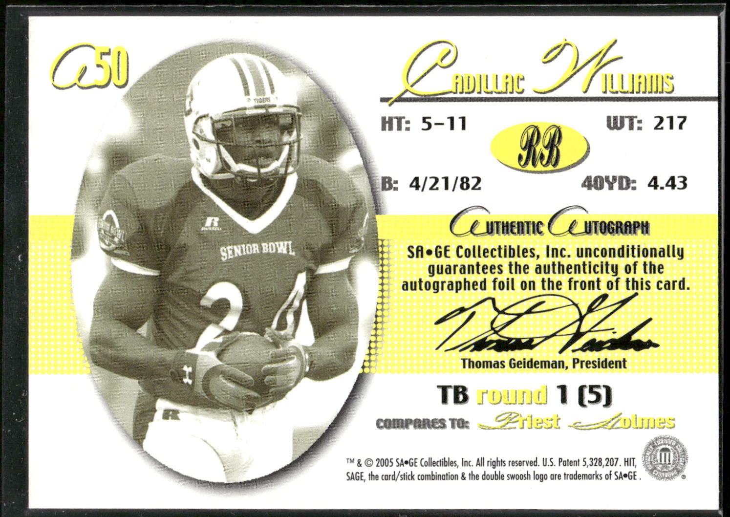 2005 SAGE #A50 Cadillac Williams Autographs Gold #/400