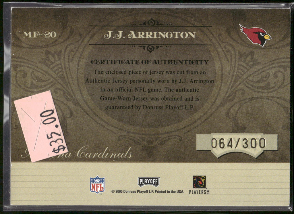 2005 Playoff Absolute Memorabilia #MF-20 J.J. Arrington Autographs #/300