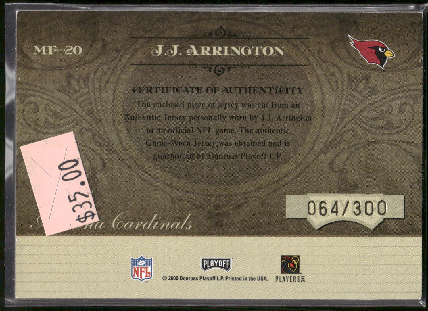 2005 Playoff Absolute Memorabilia #MF-20 J.J. Arrington Autographs #/300