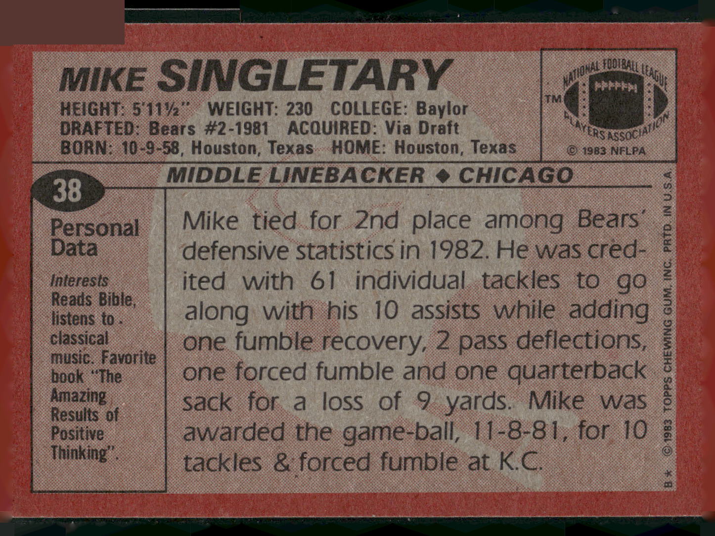 1983 Topps #38 Mike Singletary