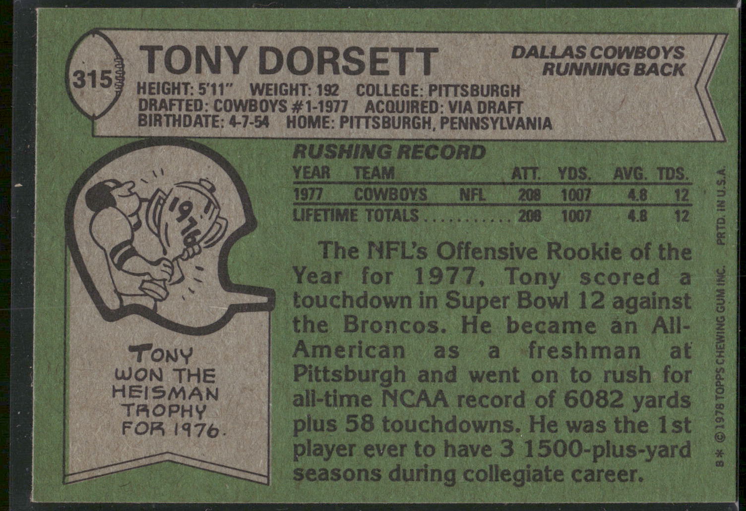 1978 Topps #315 Tony Dorsett