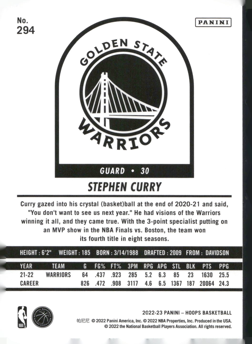 2022-23 Hoops Winter #294 Stephen Curry