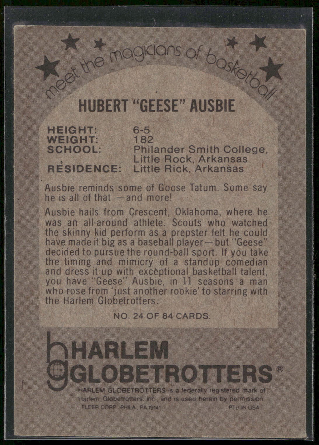 1971 Fleer Harlem Globetrotters #24 Hubert "Geese" Ausbie