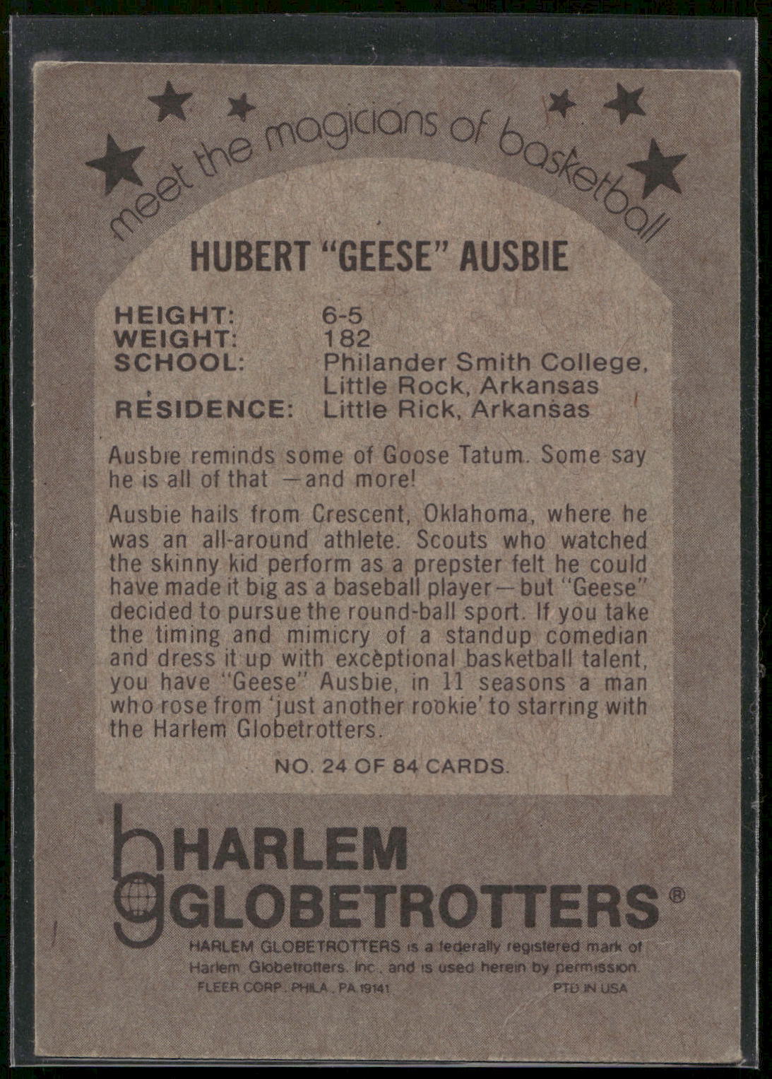 1971 Fleer Harlem Globetrotters #24 Hubert "Geese" Ausbie