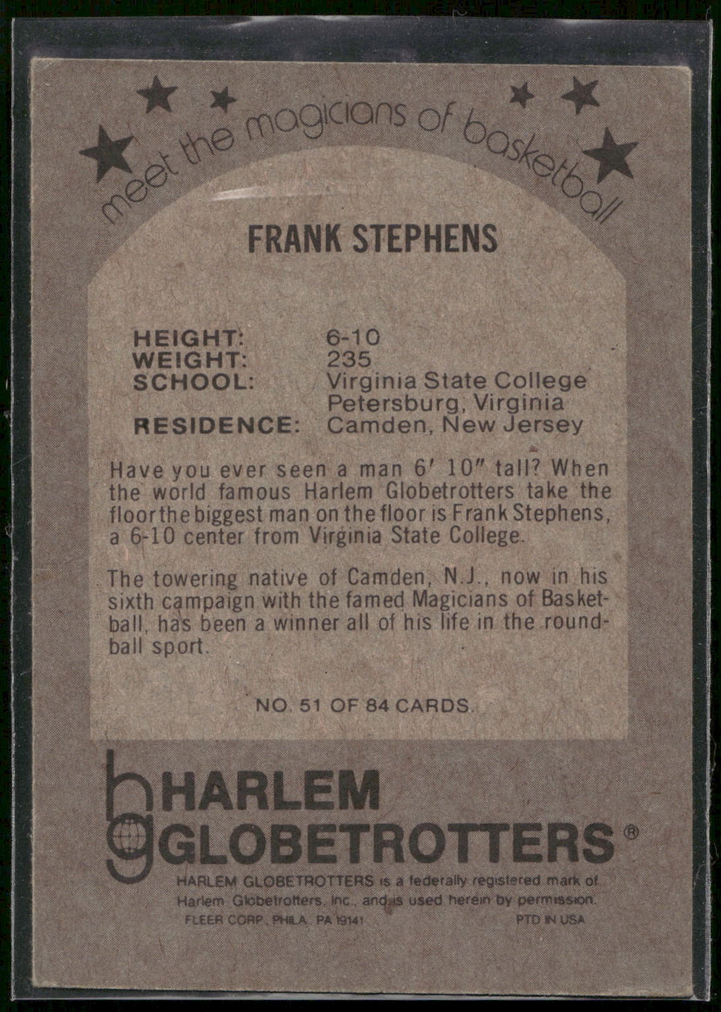 1971 Fleer Harlem Globetrotters #51 Frank Stephens