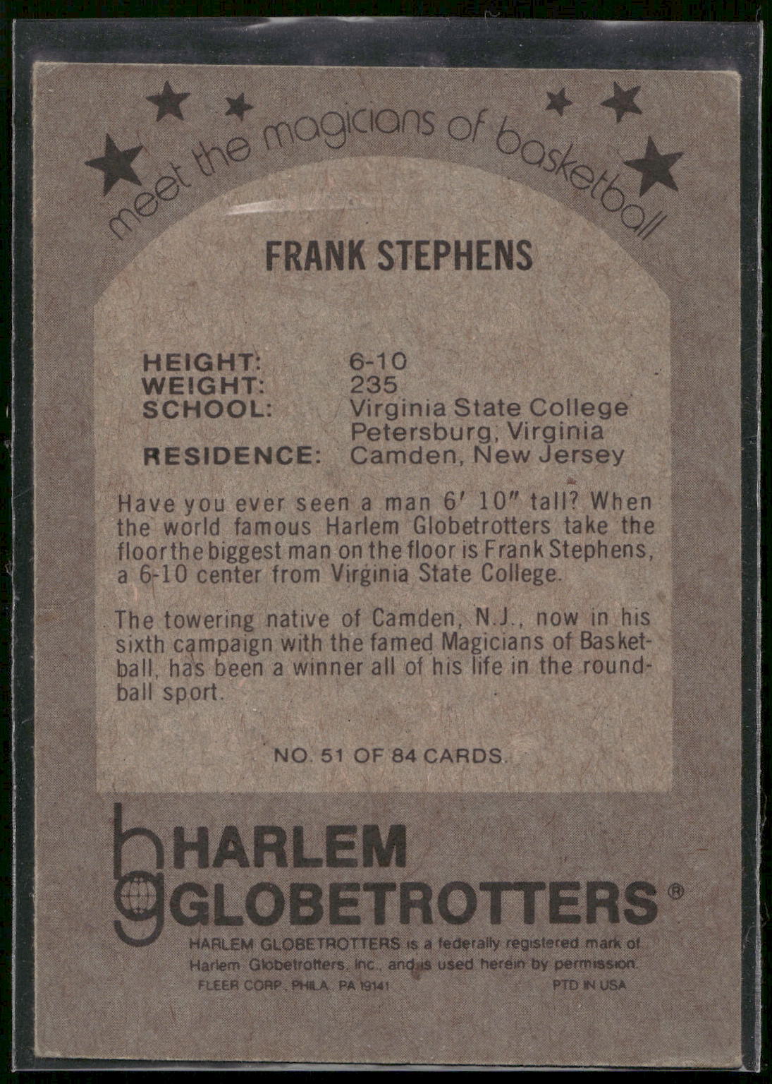 1971 Fleer Harlem Globetrotters #51 Frank Stephens