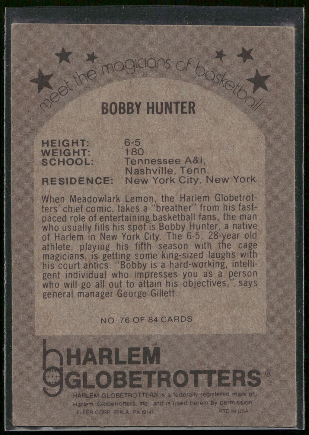 1971 Fleer Harlem Globetrotters #76 Bobby Hunter