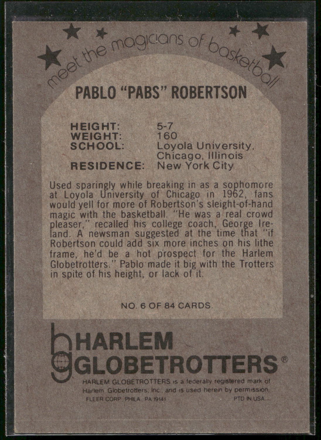 1971 Fleer Harlem Globetrotters #6 Pablo "Pabs" Robertson