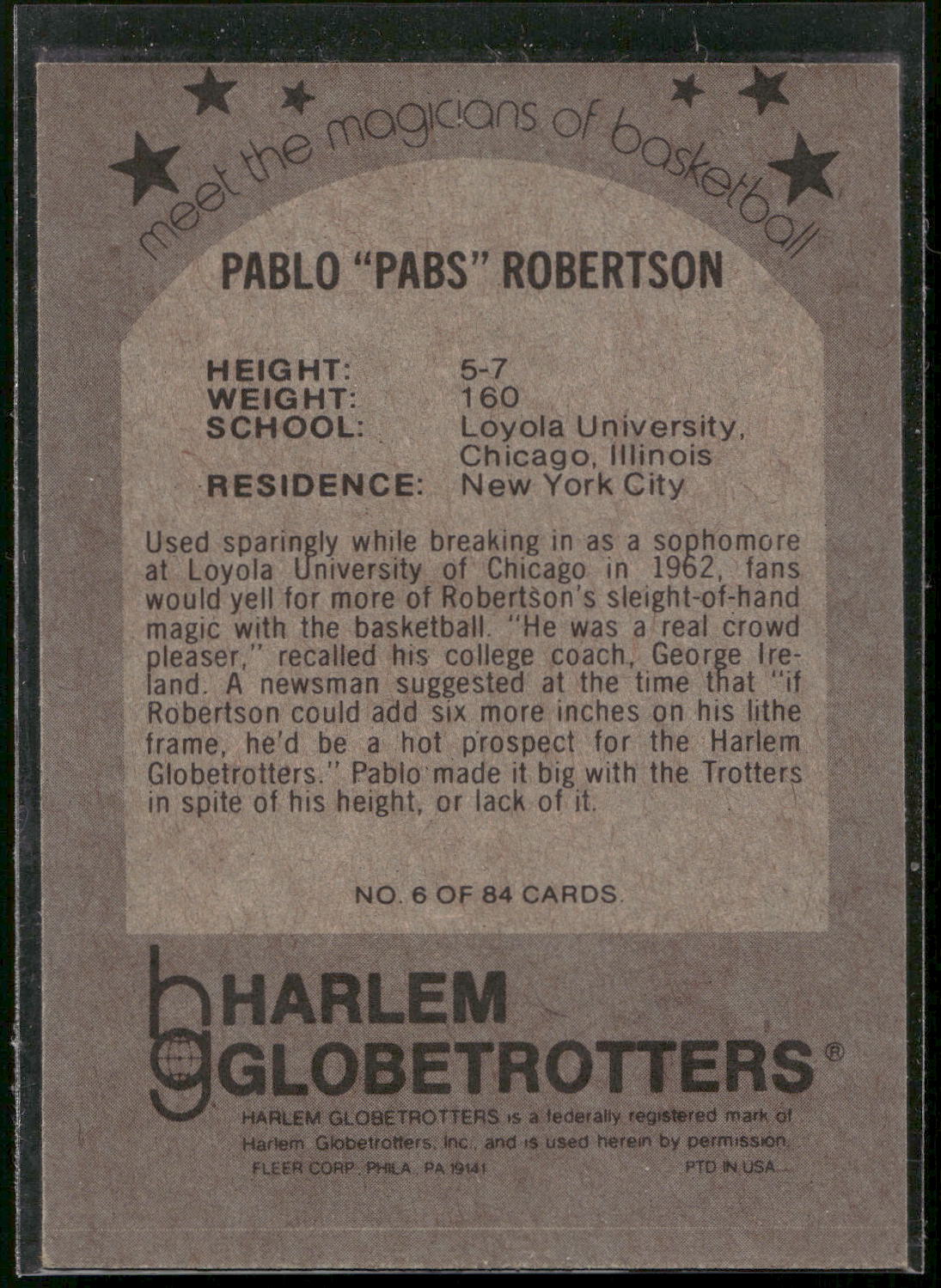 1971 Fleer Harlem Globetrotters #6 Pablo "Pabs" Robertson