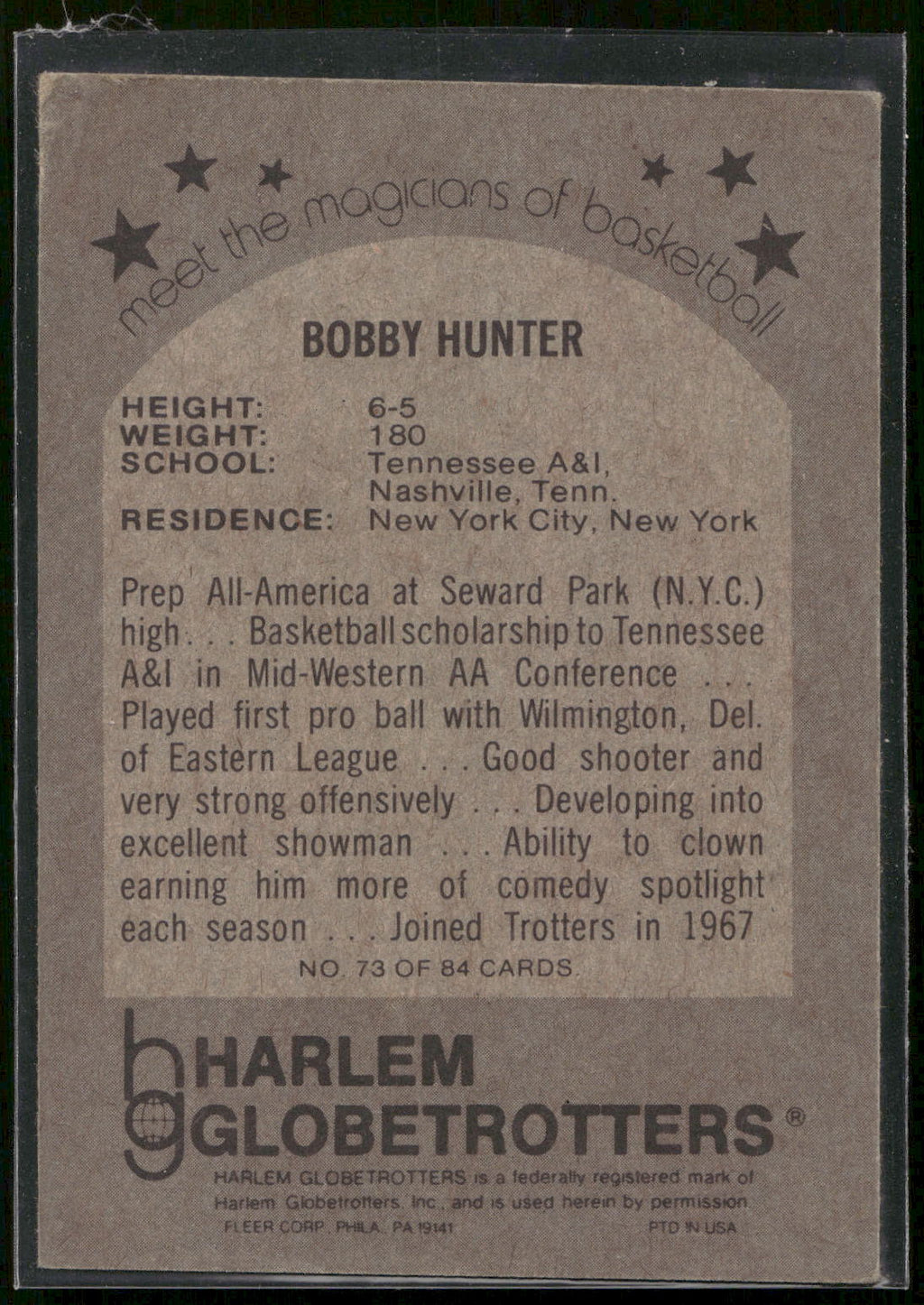 1971 Fleer Harlem Globetrotters #73 Bobby Hunter