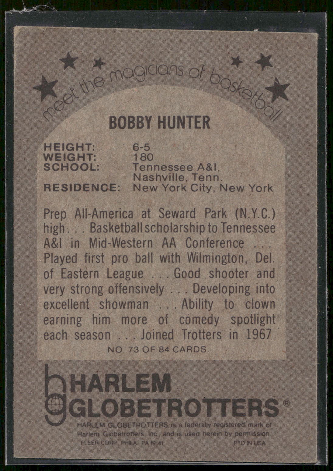 1971 Fleer Harlem Globetrotters #73 Bobby Hunter