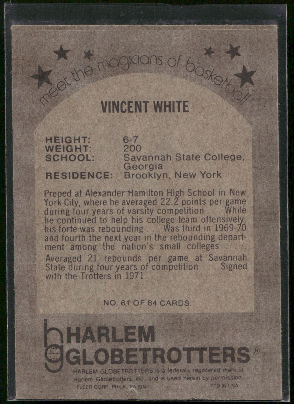 1971 Fleer Harlem Globetrotters #61 Vincent White