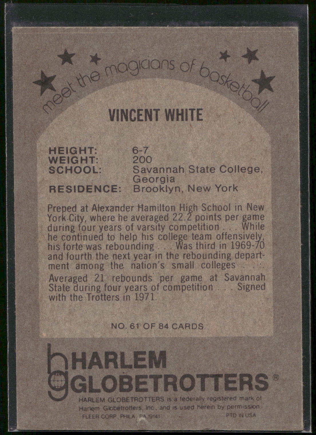 1971 Fleer Harlem Globetrotters #61 Vincent White