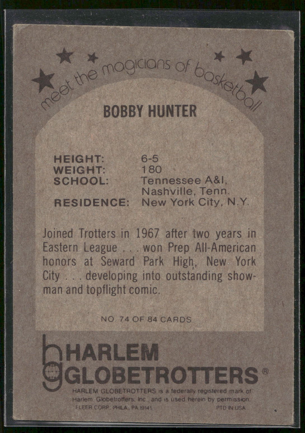 1971 Fleer Harlem Globetrotters #74 Bobby Hunter