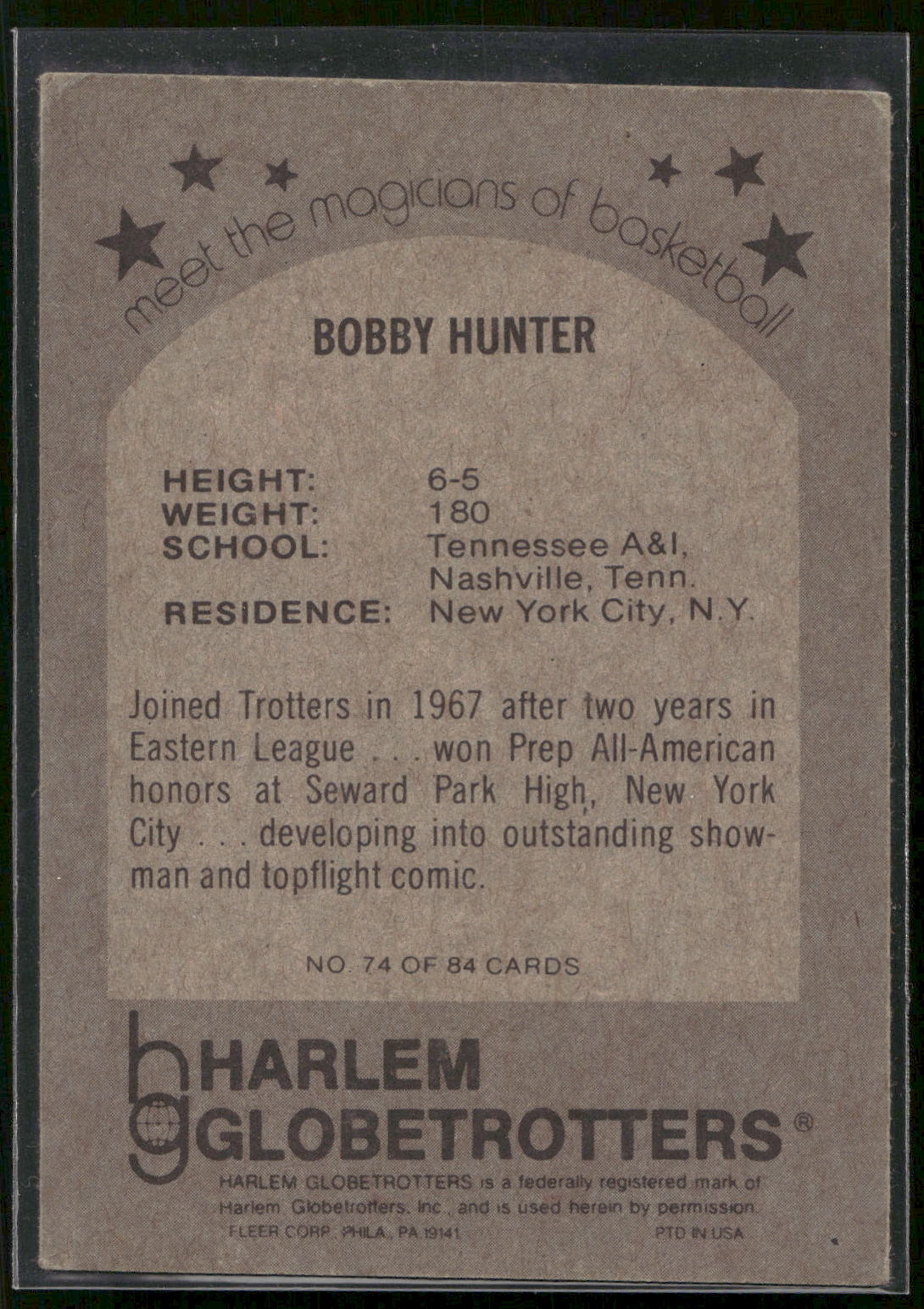 1971 Fleer Harlem Globetrotters #74 Bobby Hunter