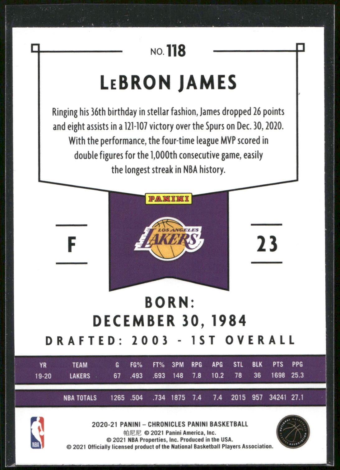 2020-21 Panini Chronicles #118 LeBron James