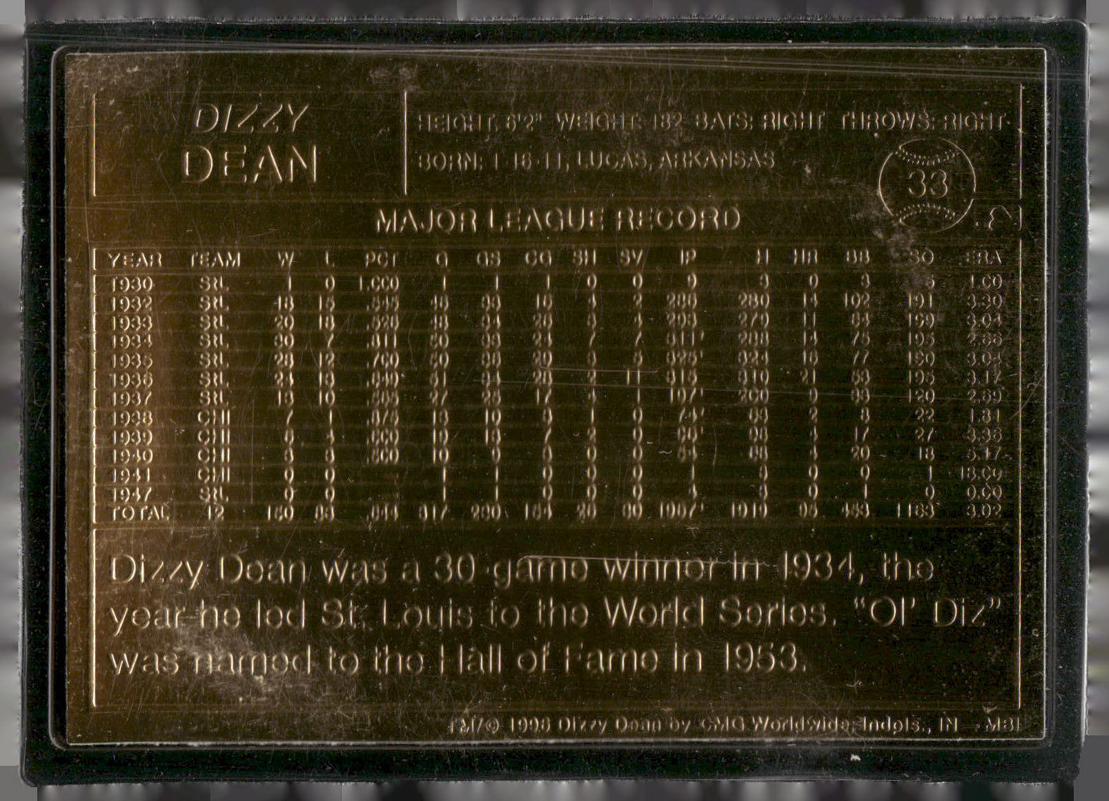 1996-03 Danbury Mint #33 Dizzy Dean