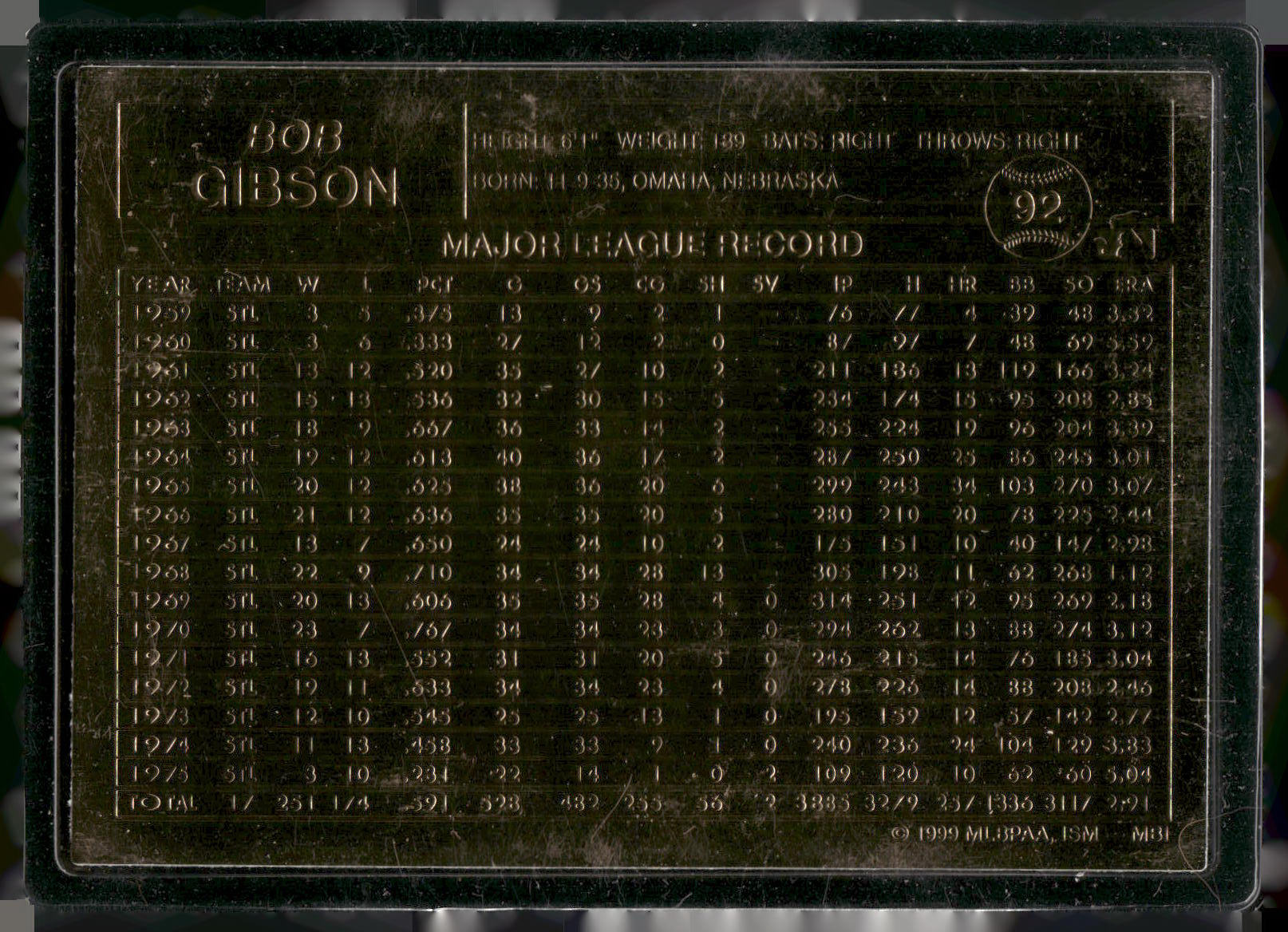 1996-03 Danbury Mint #92 Bob Gibson