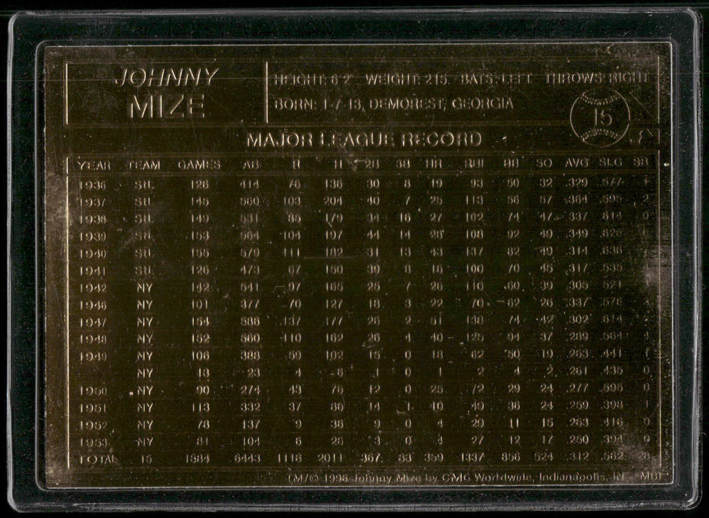 1996-03 Danbury Mint #15 Johnny Mize