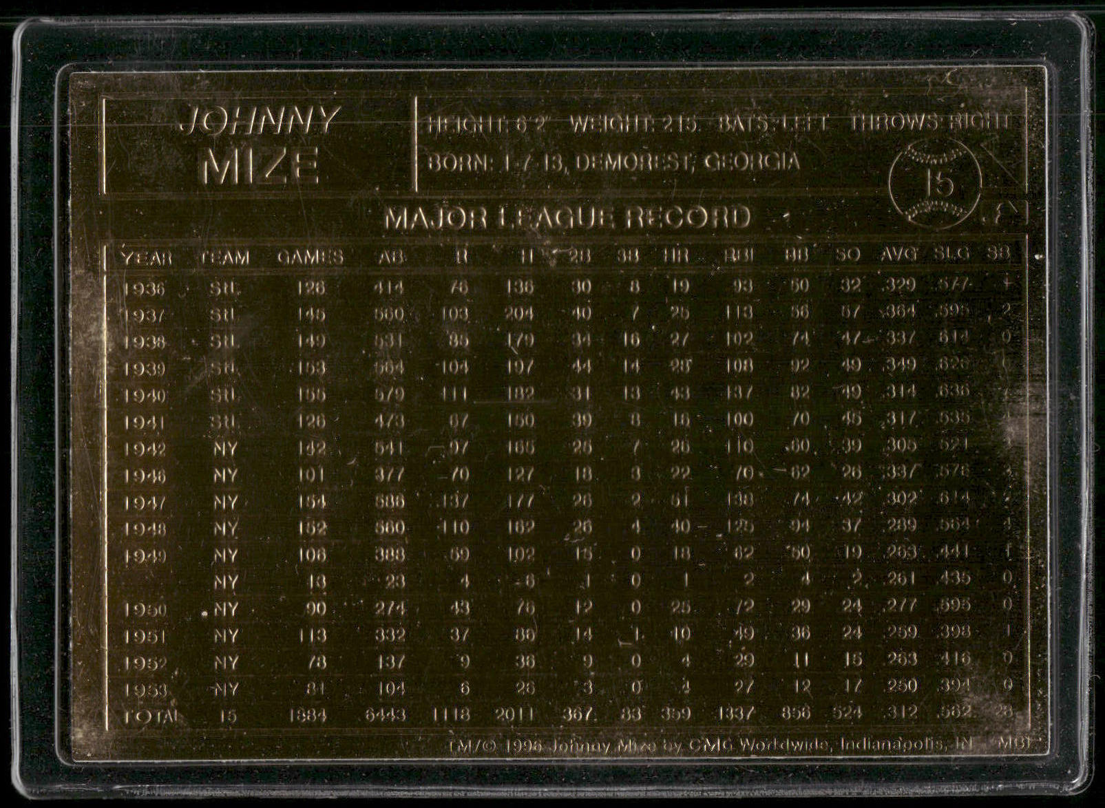 1996-03 Danbury Mint #15 Johnny Mize
