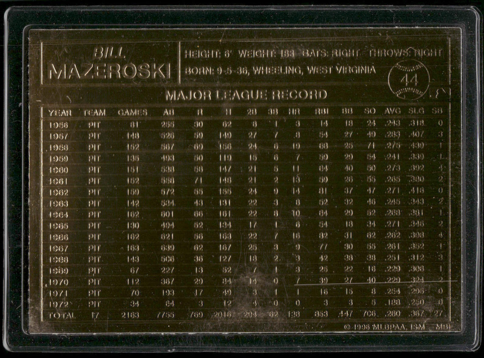 1996-03 Danbury Mint #44 Bill Mazeroski